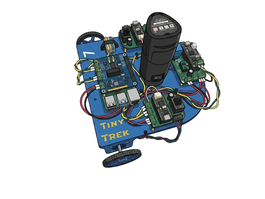 A TinyTrek car: a blue chassis carrying stepper driver boards, a battery controller, and a Raspberry Pi CAN interface, wired together with a coloured harness.
